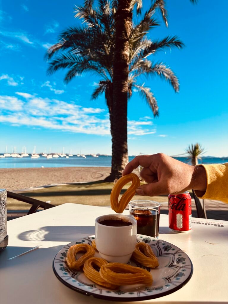 Churros and hot chocolate at a café by the Mar Menor in Los Alcázares, Costa Cálida